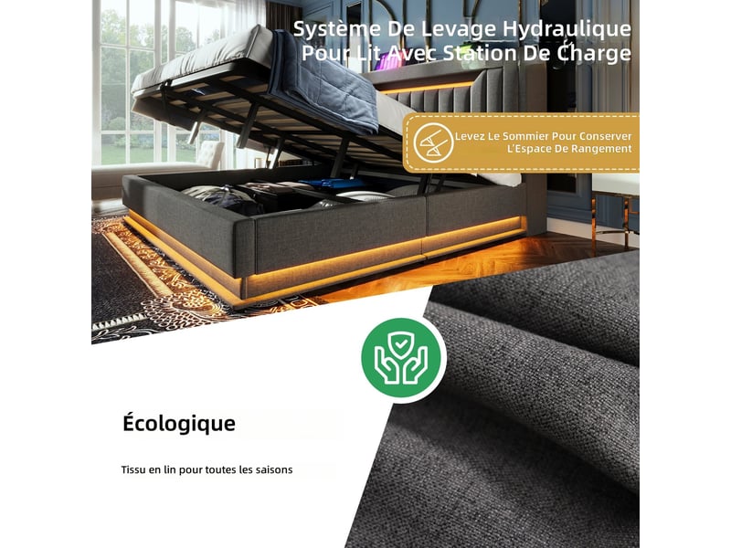  Lit coffre 160x200 cm avec matelas, tête de lit usb type-c et led, rangement hydraulique, lin gris evarich - Conforama E
