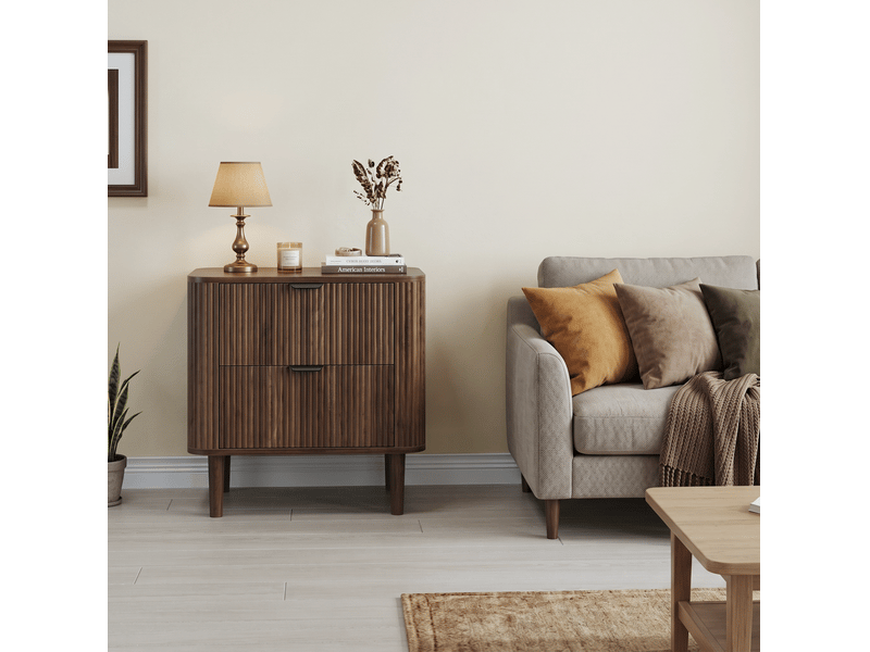  Table de nuit 57 x 40 x 57 cm noyer foncé en mdf, 2 tiroirs rainurés pour rangement de chambre  - Conforama B