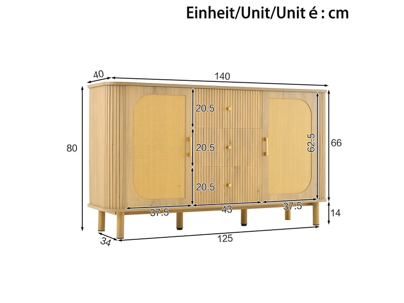  Buffet naturel, rangement, gestion des câbles, rotin, design moderne, angles arrondis - mdf et métal et bois - 140x40x80cm  - Conforama E