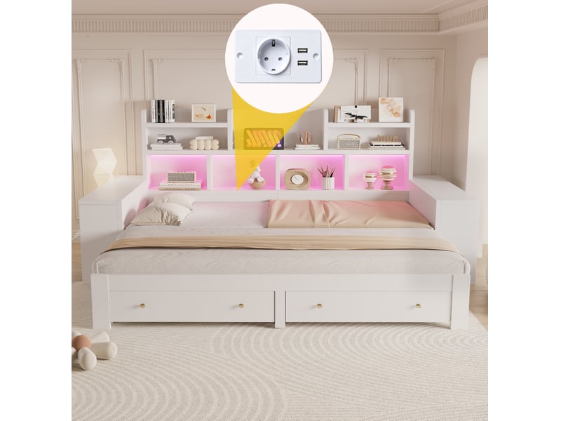 Lit banquette extensible 90x200 cm blanc, mdf et contreplaqué, rangement, led et prise pour chambre - Conforama E