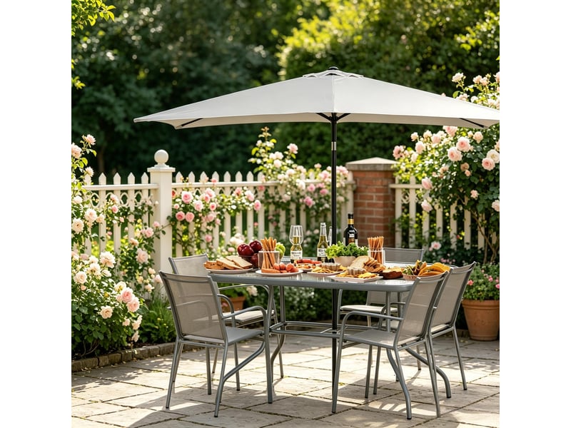  Table de patio élégante, table extérieure rectangulaire, table à manger avec trou parasol intégré  - Conforama E
