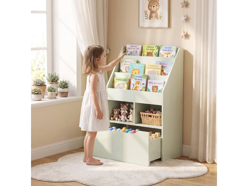  Bibliothèque en bois pour enfants avec 3 compartiments, 2 cubes et un tiroir mobile à 4 roulettes, 60 x 29,9 x 90 cm, verte  - Conforama B