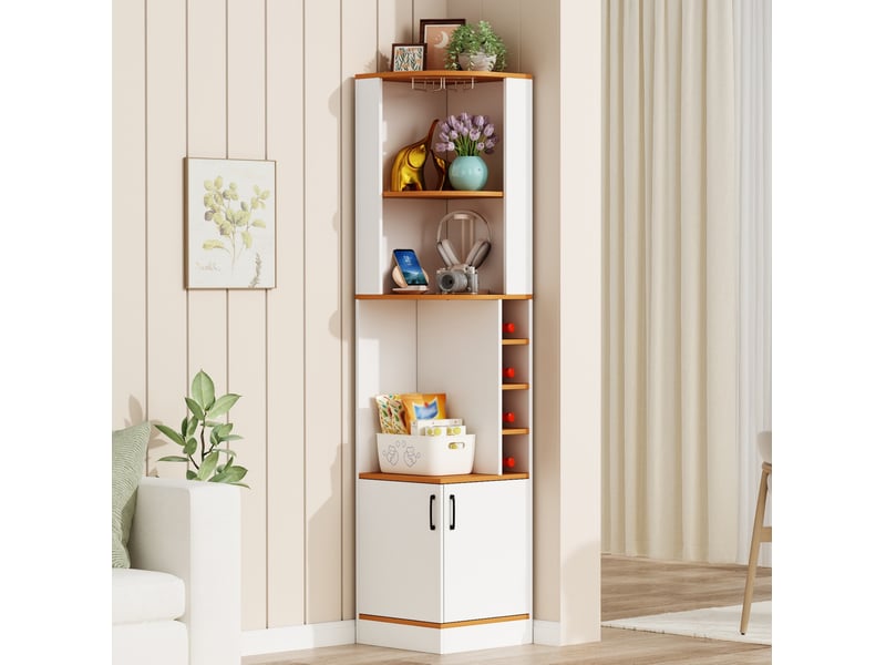  Meuble d’angle bar à vin 40x40x182 cm, mdf blanc, rangement à la verticale, avec porte-verres et support  - Conforama D
