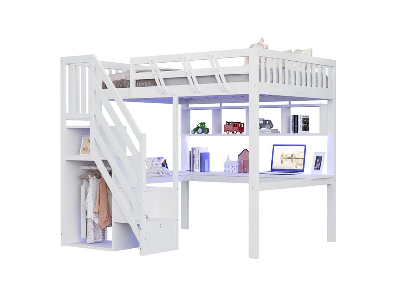  Lit mezzanine 140x200 cm avec bureau, escalier de rangement, led et prise usb, blanc  - Conforama A