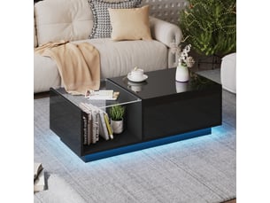 Table basse relevable noire avec led et rangement caché, 100x50x33 cm, panneaux de particules, finition brillante