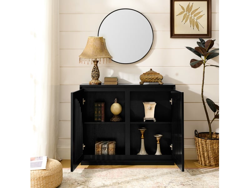  Buffet étroit noir style mid-century avec façades rainurées et 2 ouvertures pour prises électriques 4071298405477 - Conforama C