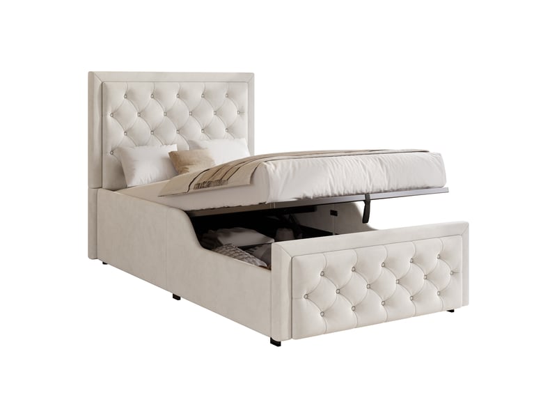 Lit coffre enfant 90 × 200 cm 1 place avec rangement hydraulique, sans matelas, en velours, beige  - Conforama A