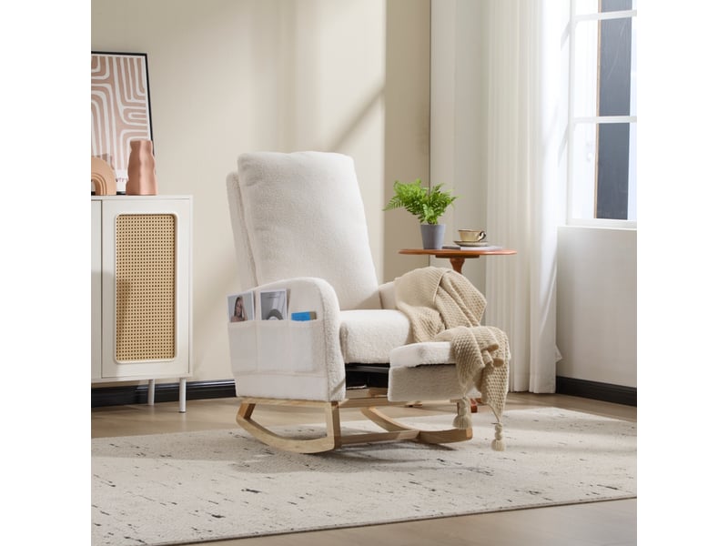  Fauteuil à bascule - 75x63x104 cm - chaise à bascule avec repose-pieds et poches latérales en tissu teddy - blanc  - Conforama D