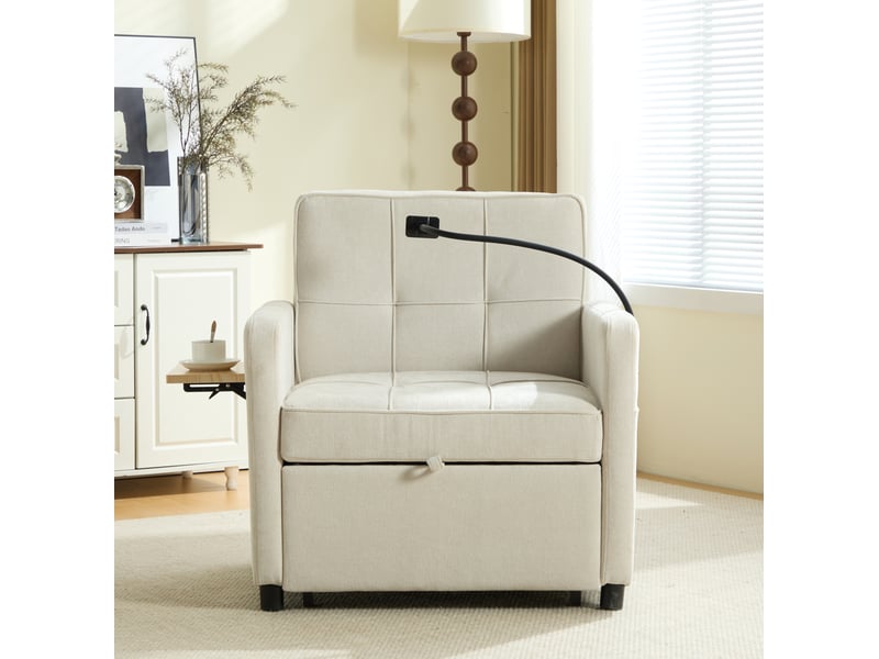  Fauteuil convertible 79x66x83 cm, meuble de salon canapé 1 place, poches latérales et coussins, revêtement chenille beige  - Conforama E
