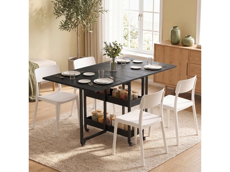  Table à manger pliante style industriel pour 4 personnes, étagères ouvertes, flexible, métal et panneau de particules, noir  - Conforama B