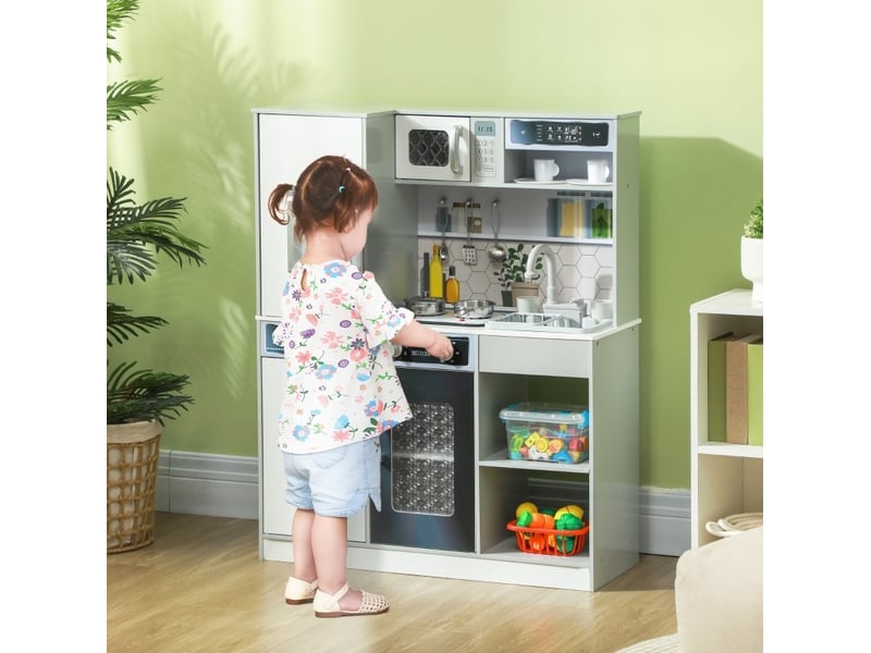  Ensemble de cuisine pour enfants avec set de vaisselle en acier inoxydable, cuisinière, évier avec circulation d'eau, effets de lumière et sons, blanc  - Conforama D