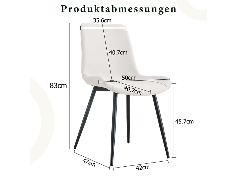  Lot de 4 chaises de salle à manger 42x47x83cm blanc - en pu avec dossier ergonomique, assise large et pieds en métal noir  - Conforama B