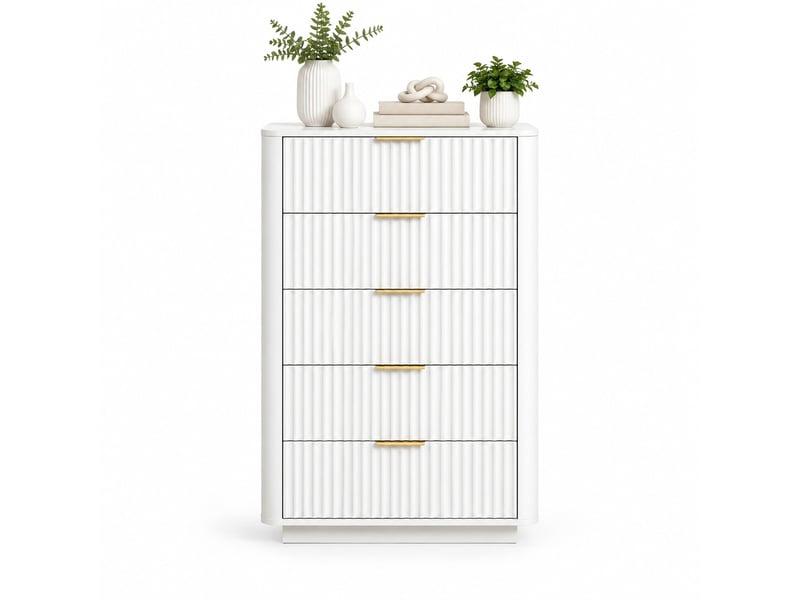  Commode 5 tiroirs à fermeture douce avec poignées métalliques et fixation murale en mdf blanc  - Conforama A