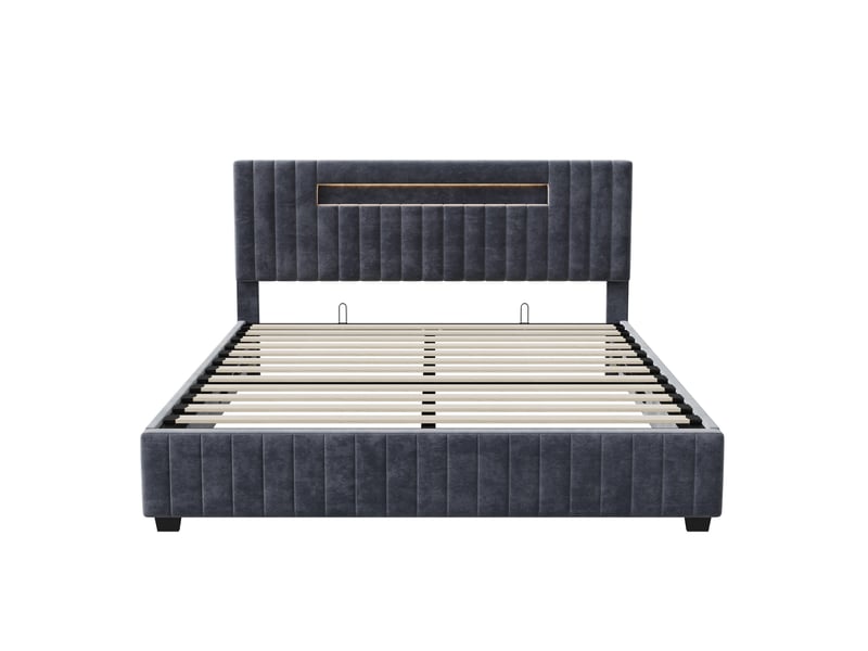 Lit coffre 2 places 160x200 cm, lit adulte avec rangement, tête de lit avec led, design simple, velours gris - Conforama W