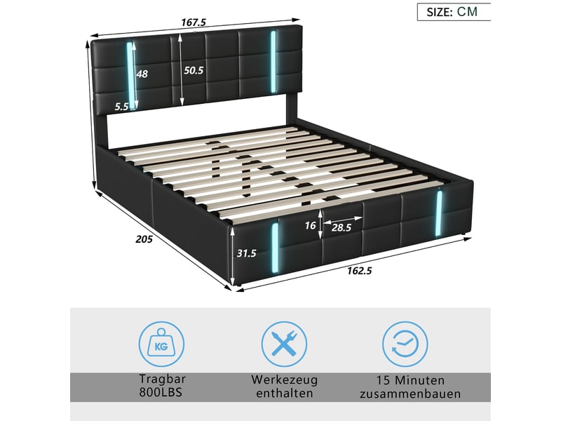  Lit coffre en simili cuir - 160x200cm - avec led et rangement hydraulique - noir  - Conforama C