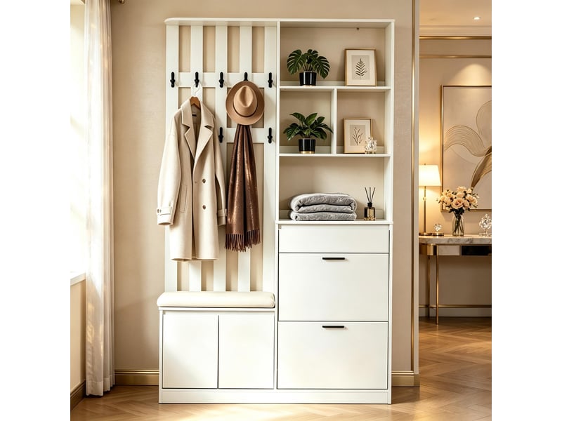  Meuble d'entrée 2 portes, 2 abattants, 1 tiroir, banc rembourré et 10 crochets pour hall en mdf 120×30×200 cm blanc  - Conforama C
