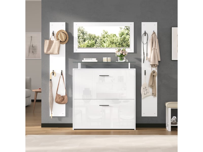  Ensemble meuble d’entrée 4 pièces avec miroir, 8 patères et 2 abattants, blanc  - Conforama D