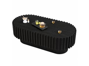 Table basse ovale 100x50x35,5 cm – noire – tiroir intégré et décor à lamelles verticales pour salon
