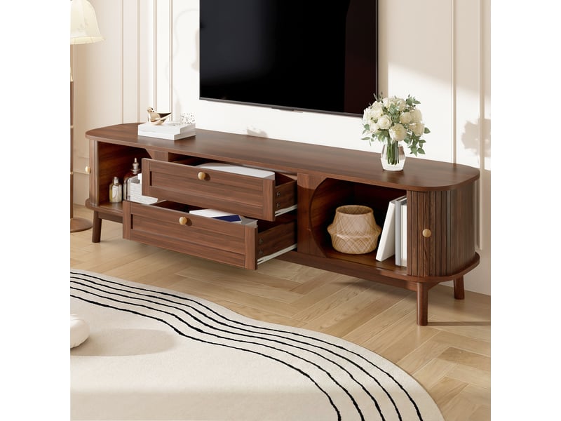  Meuble tv moderne – effet bois, tiroirs et rangements intégrés, coins arrondis, pieds en bois massif  - Conforama C