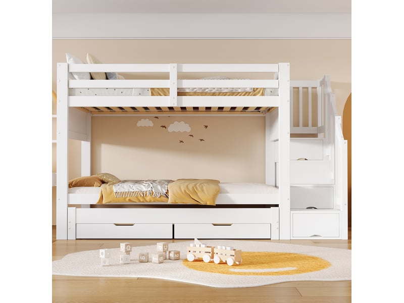  Lit superposé modenvie 90 x 200 cm avec lit gigogne 90 x 190 cm et rangements blanc  - Conforama E