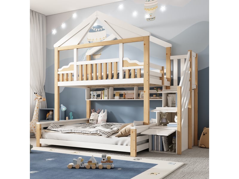 Lit superposé cabane 90x200140x200cm avec toit diamant, escalier de rangement, étagère suspendue et sommiers, norme en 747, sans matelas, blanc et bois naturel evarich - Conforama B