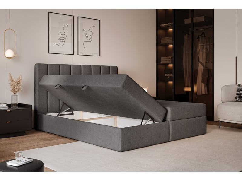  Lit coffre leo - 180x200 cm - avec matelas et surmatelas - tissu tissé chiné - gris foncé LEO - Conforama D