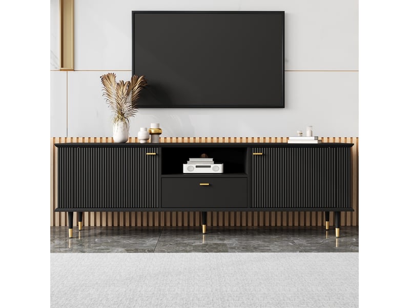  Meuble tv bas 170x36x54 cm avec 2 portes, 1 tiroir, armoire de rangement, style moderne, pour salon, bureau, mdf, noir  - Conforama B