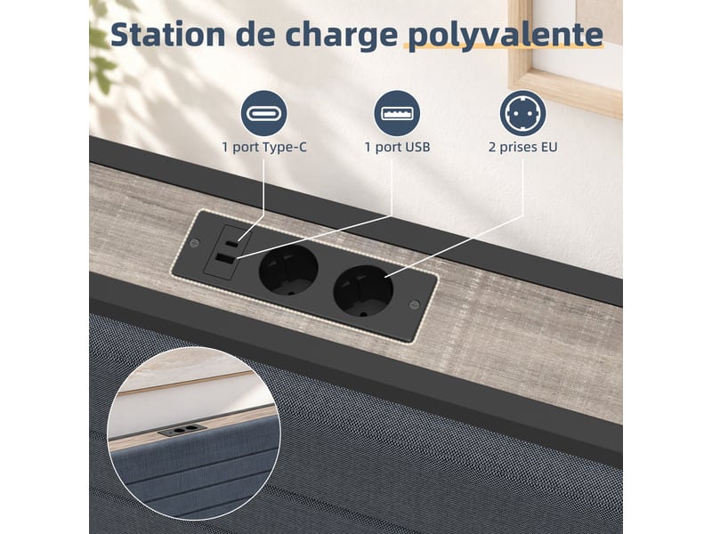 140x190cm-led-plateau de table pour tête de lit-cadre de lit tapissier- lit double-led-usb-type-c, gris  - Conforama D