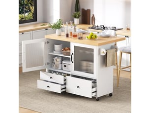 Îlot de cuisine,100x42-70x91.5 cm,avec roulettes,mdf,blanc et naturel