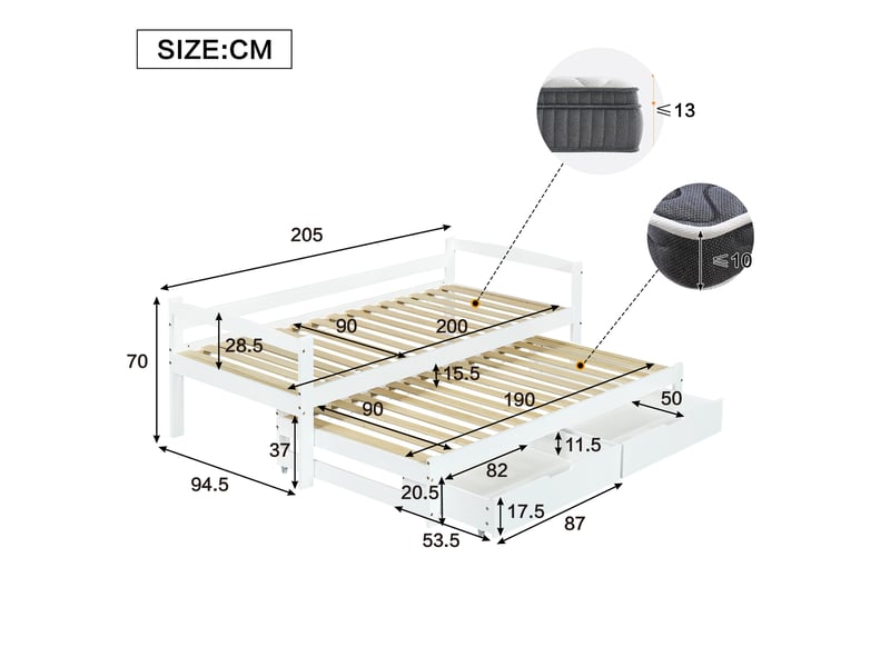  Lit gigogne 90x190200 cm, 2 tiroirs, roulettes sous le lit, bois et mdf, blanc sans matelas  - Conforama C
