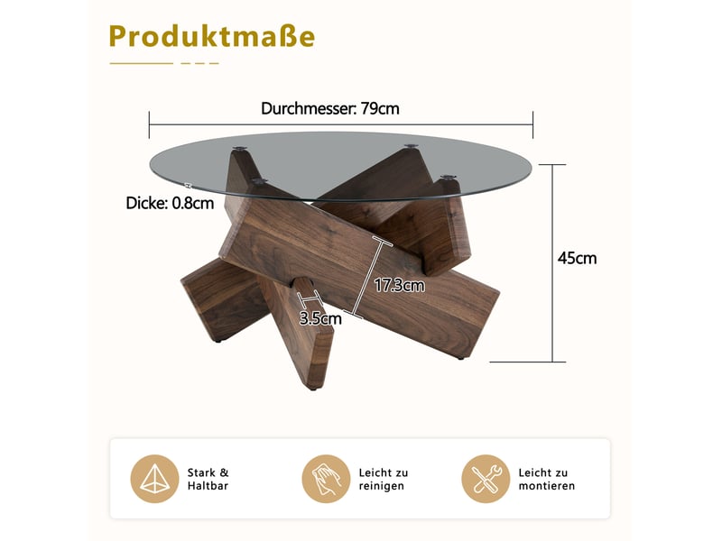  Table basse ronde avec plateau en verre trempé et piètement géométrique en mdf pour salon, noyer, ø 79 × 45 cm  - Conforama C