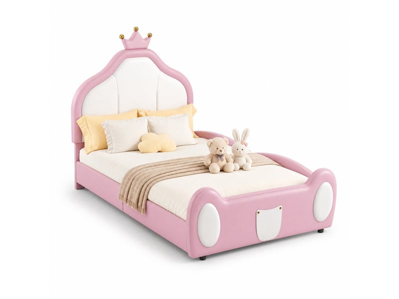 Lit enfant 200×90 cm avec tête de lit en forme de couronne, sans matelas, en simili cuir blanc et rose - Conforama A