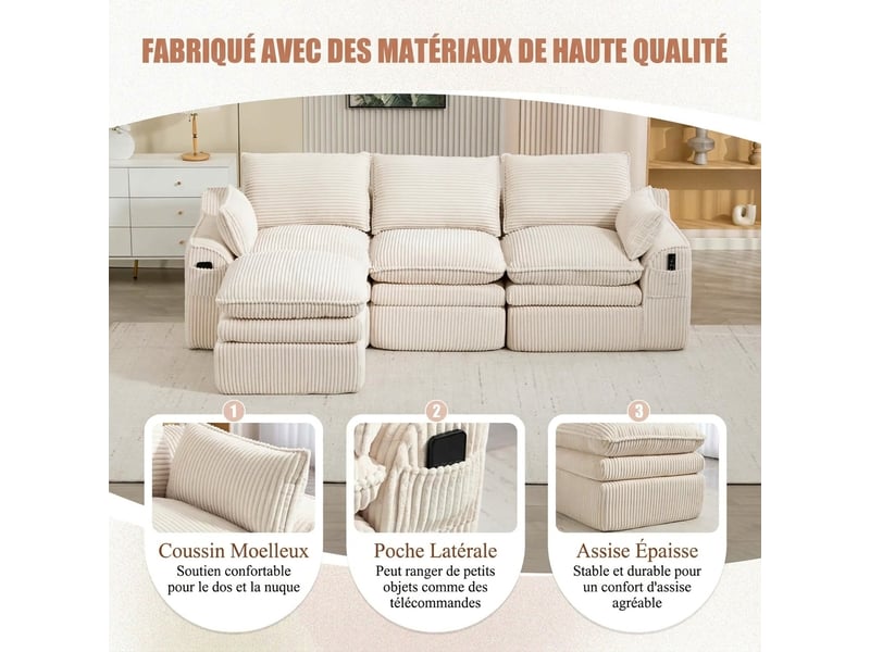 Canapé modulaire 3 places avec pouf convertible velours côtelé beige 263 x 167 x 85 cm poches latérales - Conforama W