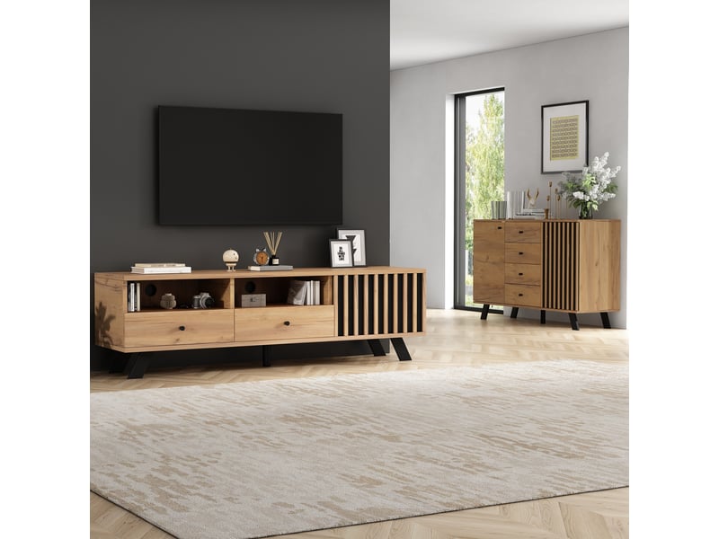  Meuble tv 150x38x44 cm, 2 tiroirs et 1 placard, téléviseur jusqu'à 60 pouces, panneau particules, bois naturel et noir  - Conforama B