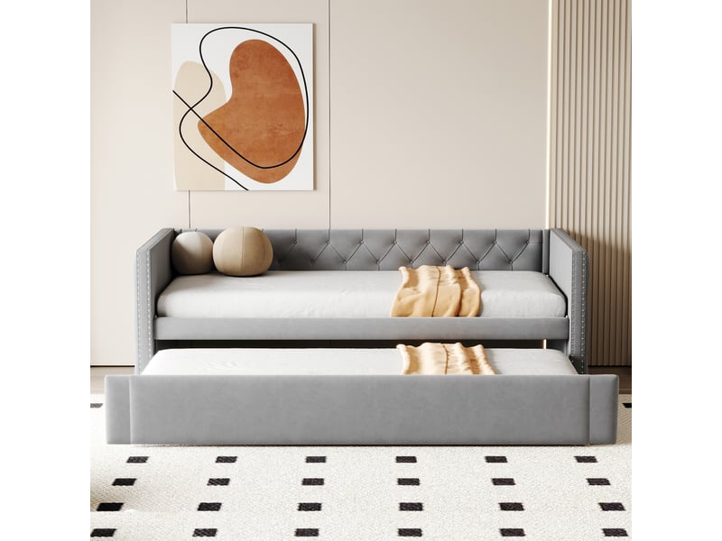 Lit gigogne enfant 90x200 cm avec sommier - lit simple forme classique avec boutons - velours - gris clair (sans matelas)  - Conforama W