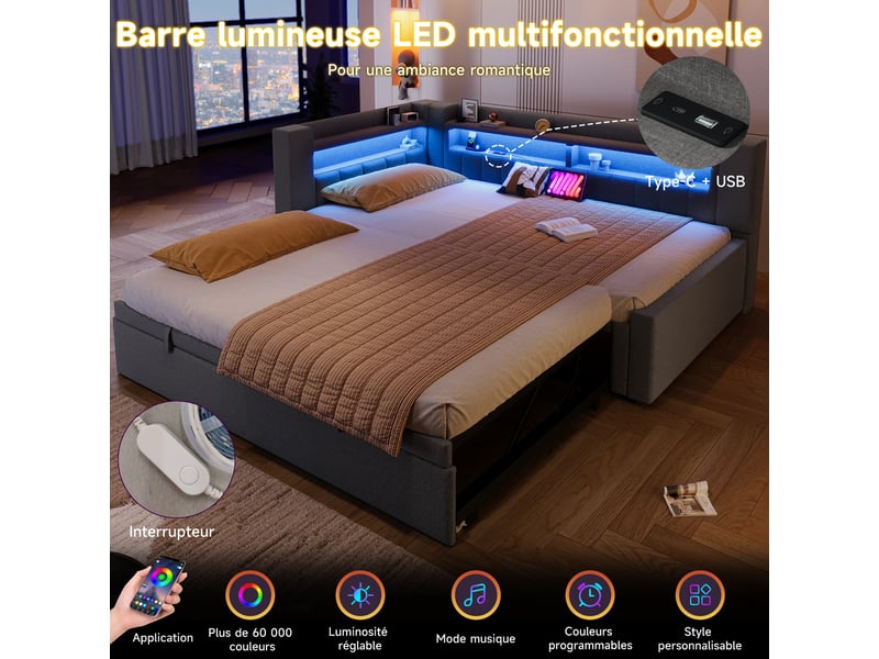  Lit gigogne convertible 90180x200 cm avec led et usb-c, tissu lin gris, structure mdf, sans matelas  - Conforama D