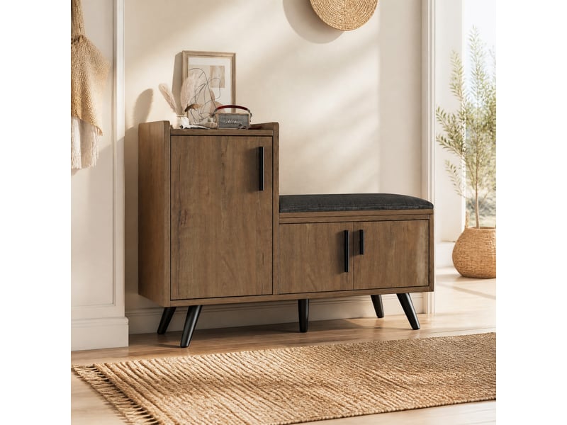  Banc à chaussures avec assise rembourrée, 3 portes, largeur 100 cm, coloris naturel  - Conforama D