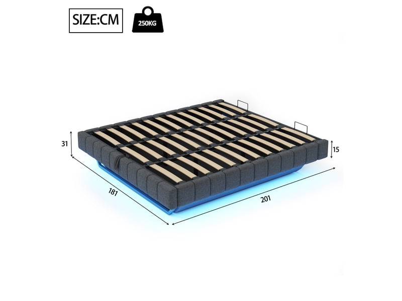 Lit flottant 180x200 cm en tissu gris, sans tête de lit, coffre hydraulique et led intégrée - Conforama C