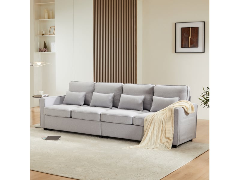  Canapé droit 4 pl 264x83x87 cm, coussins, poches latérales, meuble de salon moderne, finition lin gris  - Conforama D