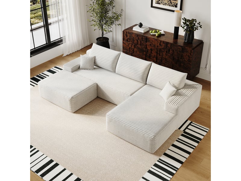  Canapé d'angle droite 3 places en l 270cm canapé modulable canapé compressé en velours côtelé avec pouf méridienne, blanc  - Conforama C