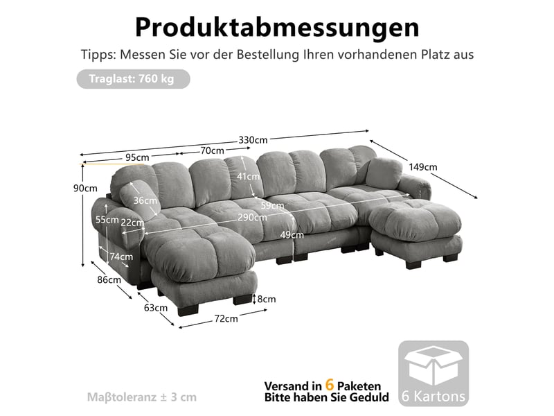 Canapé modulable 4 places 330 cm canapé droit en tissu chenille avec 2 pouf mobile, design matelassé, coussins épais, dossier ergonomique, gris clair Seren Glow - Conforama C