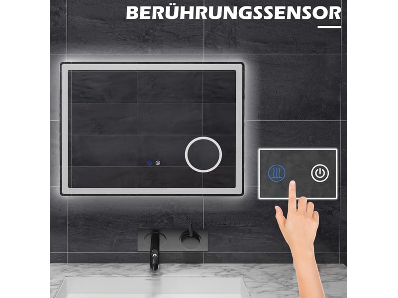  Miroir de salle de bain led 80x60 cm – blanc – antibuée, tactile, éclairage avant et arrière, loupe x3  - Conforama D