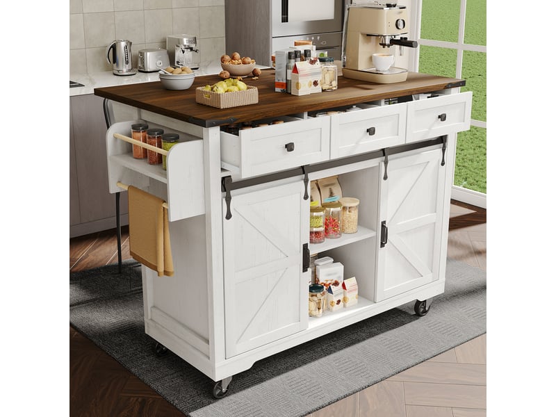  Îlot de cuisine avec plateau extensible 140cm, chariot de cuisine sur roulettes, meuble de rangement beige avec portes coulissantes  - Conforama E