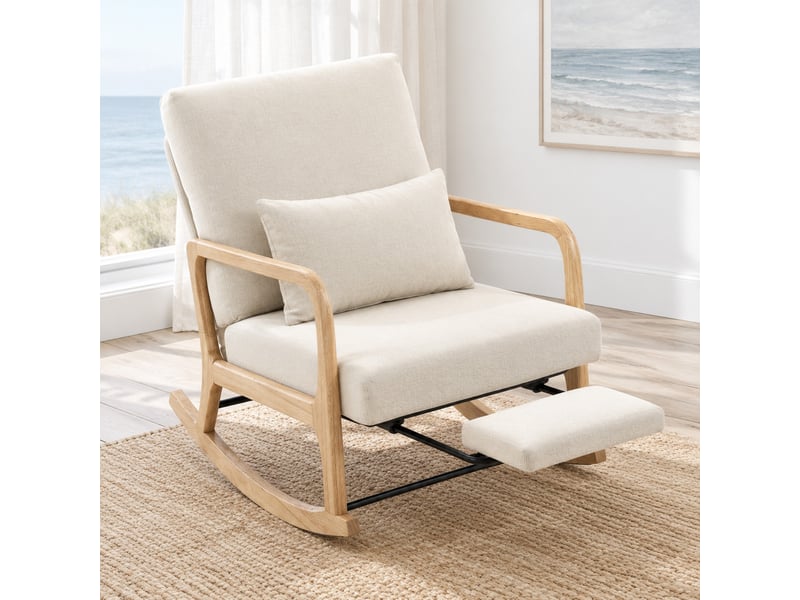  Fauteuil à bascule avec repose-pieds intégré, dossier réglable 3 positions et coussin lombaire en polyester crème  - Conforama C