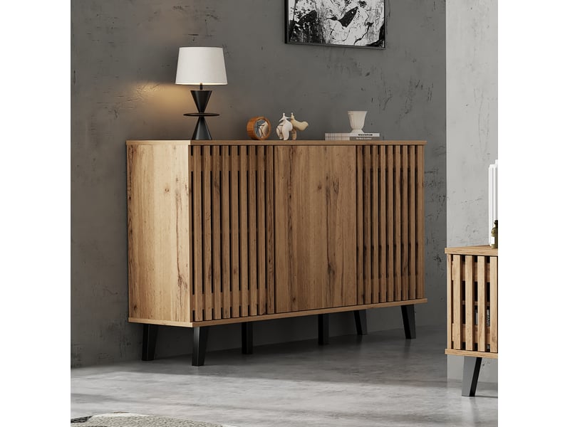  Meuble tv 3 portes en panneaux de particules bois naturel et pieds noirs 150 x 40 x 95 cm  - Conforama C