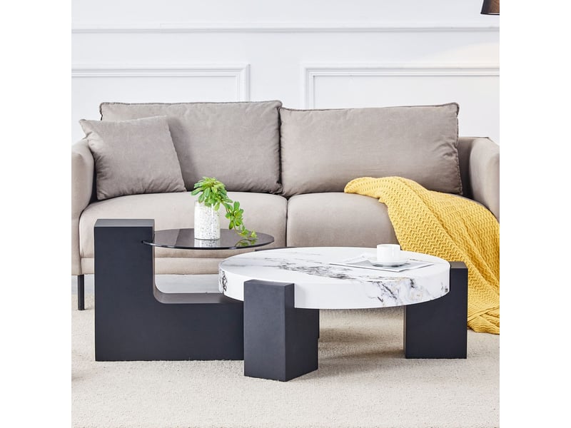  Table d'appoint forme ronde deux niveaux plateau en verre gris transparent cadre mdf noir en l design démontable  - Conforama B