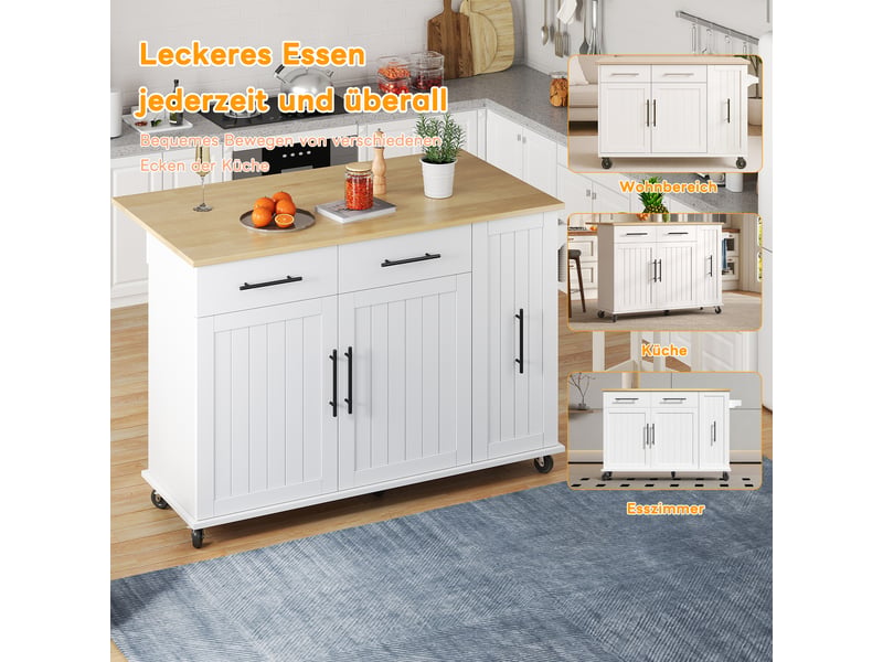  Îlot de cuisine blanc avec plateau rabattable, chariot mobile, rangement coulissant 3 niveaux, 2 tiroirs et porte-serviettes  - Conforama B