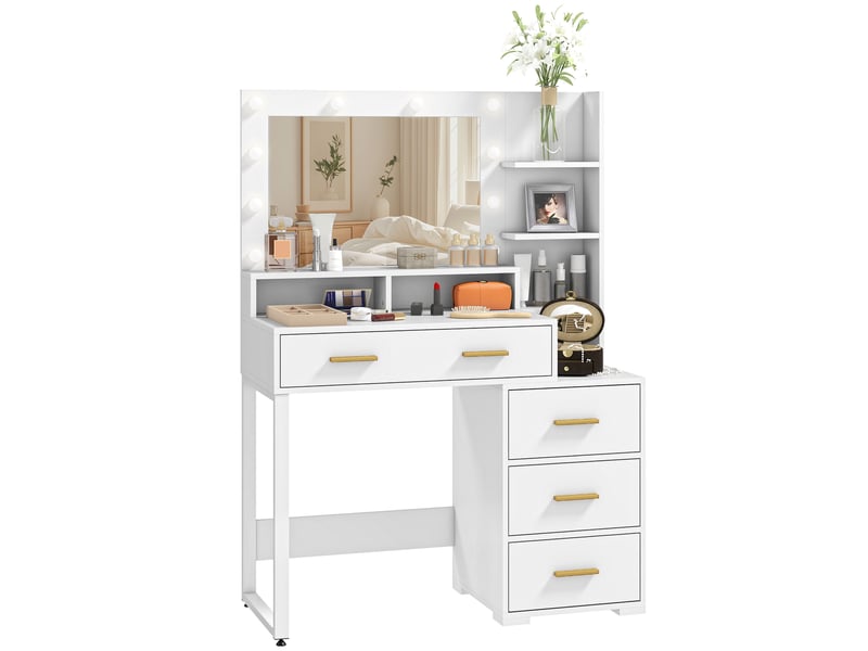  Coiffeuse avec miroir et 9 led 4 tiroirs et 6 niches blanc 100 x 40 x 138 cm  - Conforama B