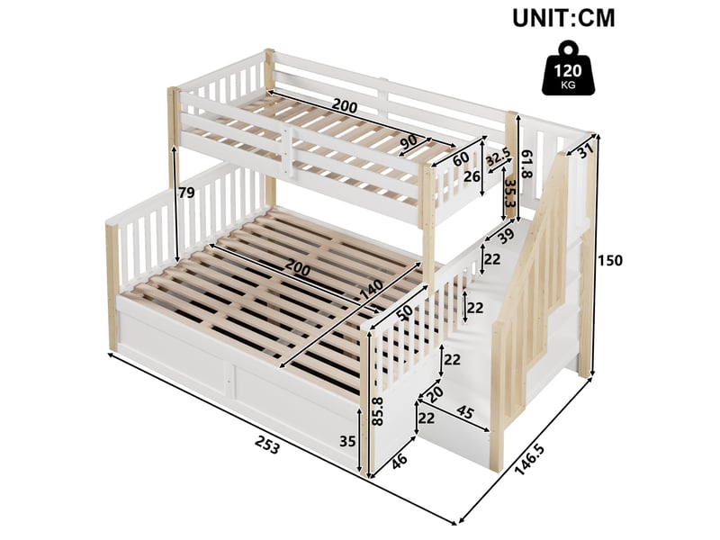  Lit superposé enfant 90×200 cm et 140×200 cm, coffre hydraulique et escalier  - sans matelas, blanc naturel  - Conforama D