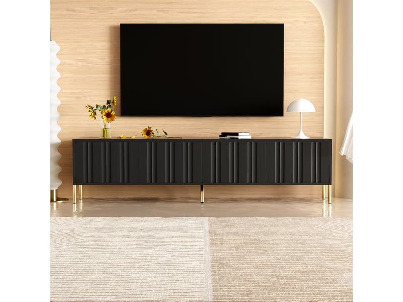  Meuble tv noir 190 cm avec pieds dorés, portes rainurées  - Conforama C